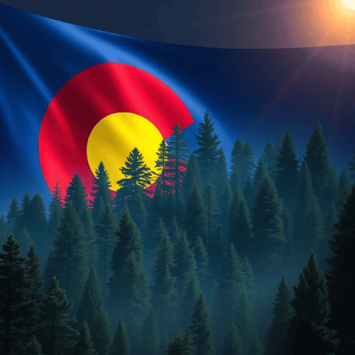 Colorado flag with Ponderosa pine forest overlay symbolizing Pine Beetle Colorado awareness